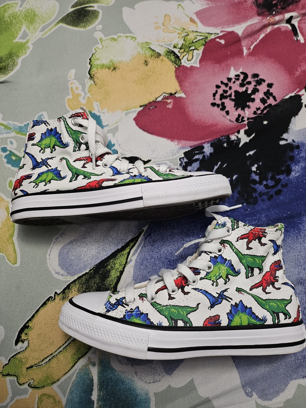 Converse Kids White High-Top Sneakers with Red, Green & Blue Dinosaurs - Picture 7 of 7